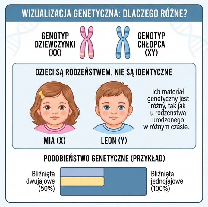 Schemat pokazujący różnice i podobieństwo genetyczne między bliźniętami dwujajowymi – dziewczynka XX i chłopiec XY.